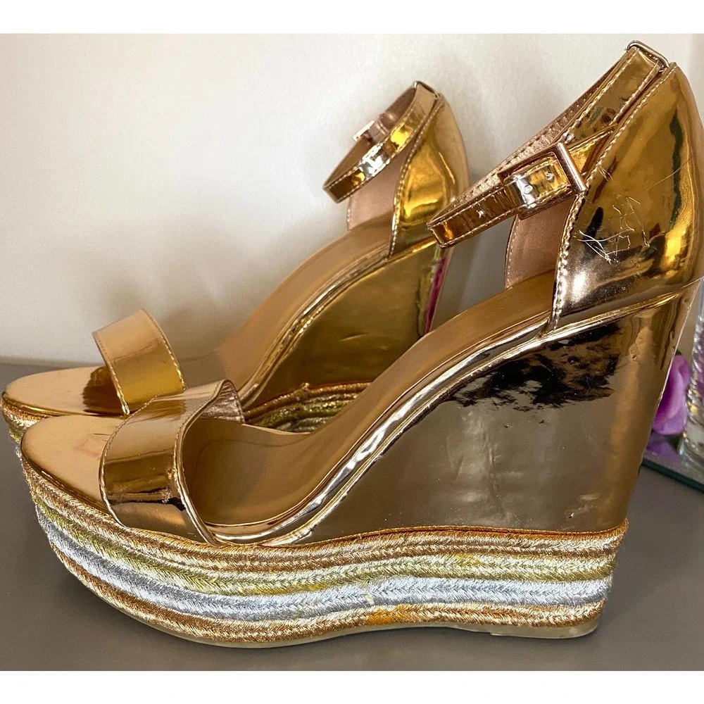Bamboo Women Metallic Open Toe Striped Espadrille Platform Wedge Sandal SZ10 - Picture 4 of 6